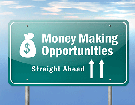 road sign with the words money making opportunities straight ahead investing in the stock market