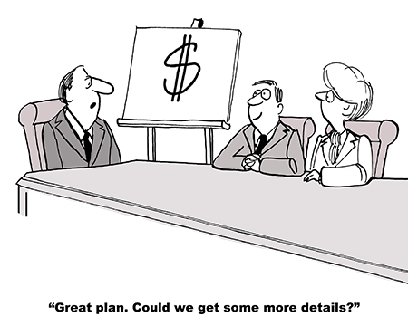 cartoon people sitting at a table with a dollar signs and the caption reads: great plan - could we get some more details on investing in the stock market