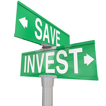 sign post with the words save and invest