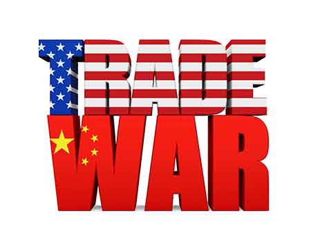 The words trade War with flag of US and China