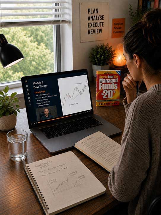 A learner studying Wealth Within’s share trading courses.